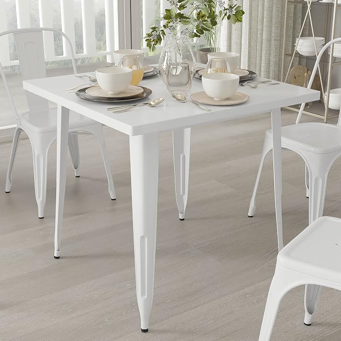 Merrick Lane Nash Indoor-Outdoor Dining Table Only - White Powder Coated Finish - 31.5" Square Top - 27.25" Wide Base - Bracing for Added Stability