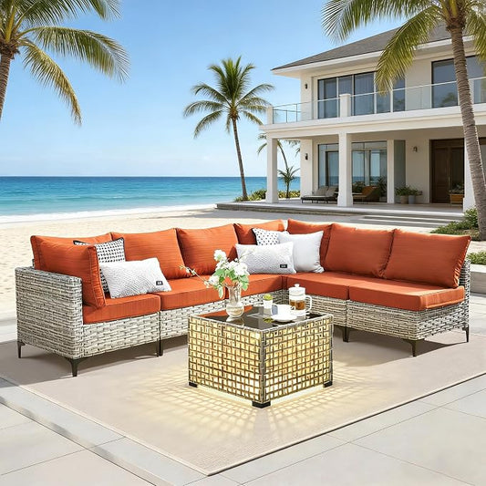 7 Pieces Patio Furniture Set with Solar Light Coffee Table, All-Weather Rattan Outdoor Sectional Conversation Sets L Shaped Sofas with Thick Cushions for Porch Balcony,Coarse Stripes Red