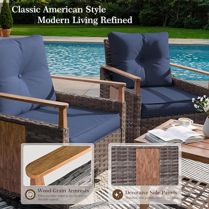 NestNook 3 Pieces Patio Furniture Set, Outdoor Bistro Set, 2 Swivel Glider Chairs with Modern Side Table, All-Weather Handwoven PE Wicker Seating and Thick Cushion for Balcony, Bistro & Porch, Blue