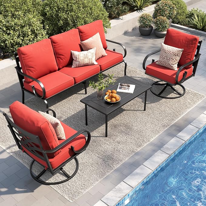 PHI VILLA Patio Furniture Set, 3-Seater Sofa, 2 Swivel Chairs and a Coffee Table, Outdoor Metal Conversation Set with 5.75" Extra Thick Cushion for Garden Backyard Deck, Red