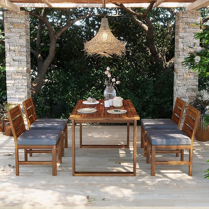 RUNNA Farmhouse 5-Piece Outdoor Patio Dining Set with Adjustable Legs,Acacia Wood Dinning Set for 4,Suitable for Backyard, Garden,or Deck (Brown+Gray)