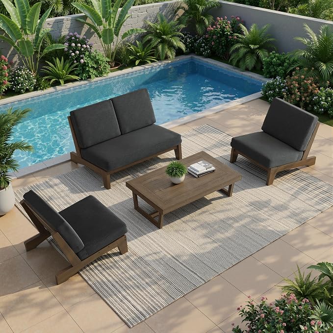 All Weather Patio Furniture Sets, 4 Pieces Teak Wood Outdoor Sectional Futniture Patio Sofa Chair Backyard Conversation Set with Solid Wooden Coffee Table - Dark Gray