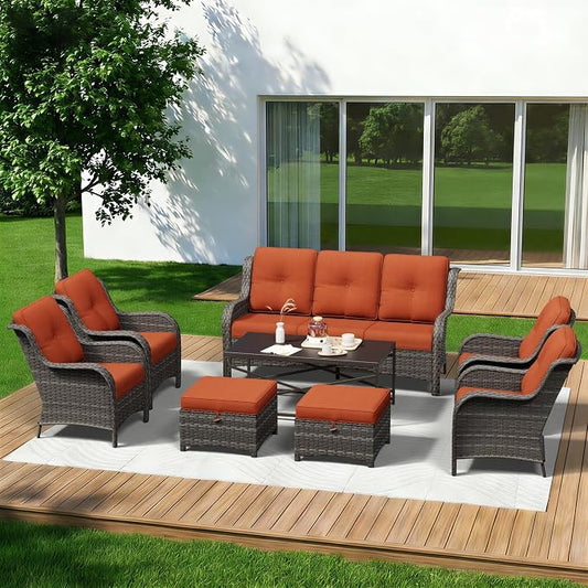 8 Piece Outdoor Wicker Patio Furniture Set, Patio Chairs Set with Thickened Olefin Cushions, High Back and Deep Seating, Hand-Woven PE Rattan, Ottoman for Porch, Deck