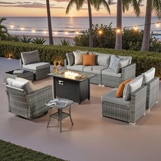 ovios 10 Piece Outdoor Patio Furniture Set with Fire Pit Table,Conversation Sectional Wicker Couch with Swivel Chairs,Modern Outside Sofa for Balcony Backyard, Dark Grey