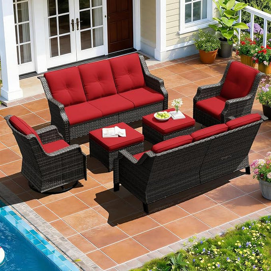 Outdoor Patio Furniture Set, 6 Piece Wicker Patio Furniture with Thick Cushions, Curved Armrest, Deep Seating, Rattan Outdoor Chairs for Porch, Deck, Balcony