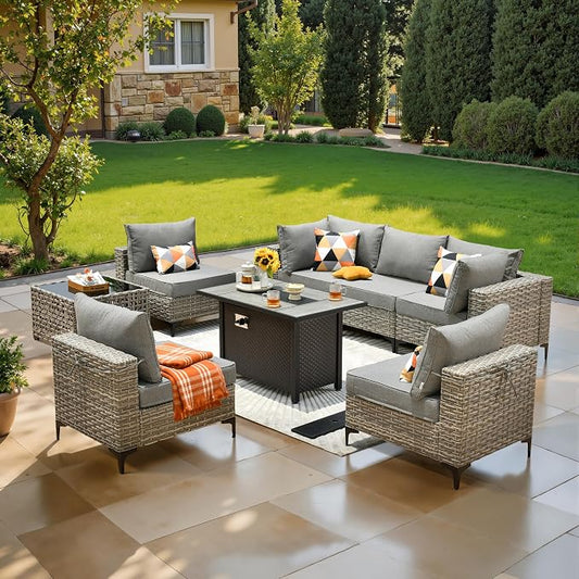 8 Pcs Patio Furniture with Fire Pit Table, Outdoor Rattan Wicker Conversation Set with Glowing Coffee Table, Comfy Sectional Sofa for Porch Balcony Backyard Pool, Grey