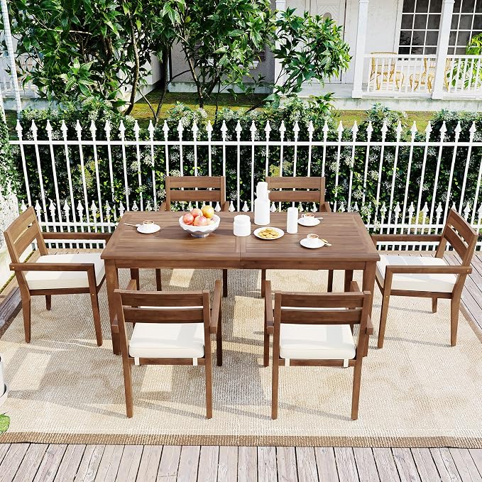 RUNNA 7-Piece Outdoor Patio Dining Set,Acacia Wood Outdoor Dining Table and Chairs Set with Armrest Chairs with Cushions for Patio, Balcony Or Backyard (Burly Wood/Acacia Wood)