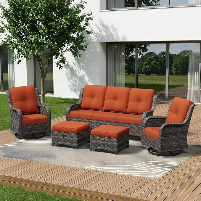 5 Piece Outdoor Wicker Patio Furniture Set, Outdoor Swivel Rocker Patio Chairs Set with Thickened Olefin Cushions, High Back and Deep Seating, Hand-Woven PE Rattan for Porch, Deck