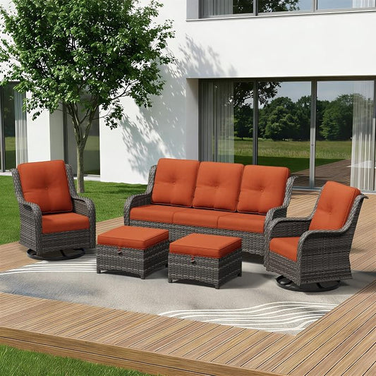 5 Piece Outdoor Wicker Patio Furniture Set, Outdoor Swivel Rocker Patio Chairs Set with Thickened Olefin Cushions, High Back and Deep Seating, Hand-Woven PE Rattan for Porch, Deck