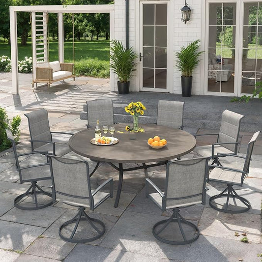 VICLLAX 9 Pieces Outdoor Dining Set, Patio Furniture Set Includes 60" Round Metal Table W/ 1.9" Umbrella Hole and 8 Padded Textilene Swivel Chairs for Porch, Lawn, Garden, Backyard