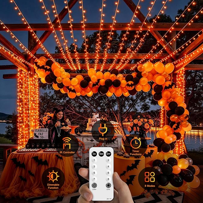 JMEXSUSS Orange String Lights for Halloween, 600 LED Fall Lights Outdoor | Orange Christmas Lights Plug in with Remote, Thanksgiving Day Lights Clear Wire for Indoor Room Yard Tree Fall Decor