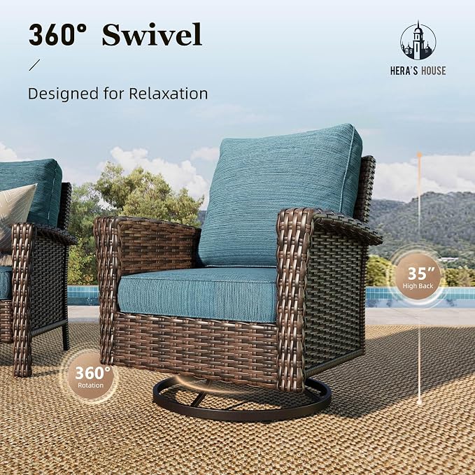 HERA'S HOUSE Patio Furniture Set, High Back Swivel Outdoor Chair with 5.5" Thick Cushions, Oversized Deep Seating Wicker Conversation Set for Lawn Backyard Deck, Navy Blue