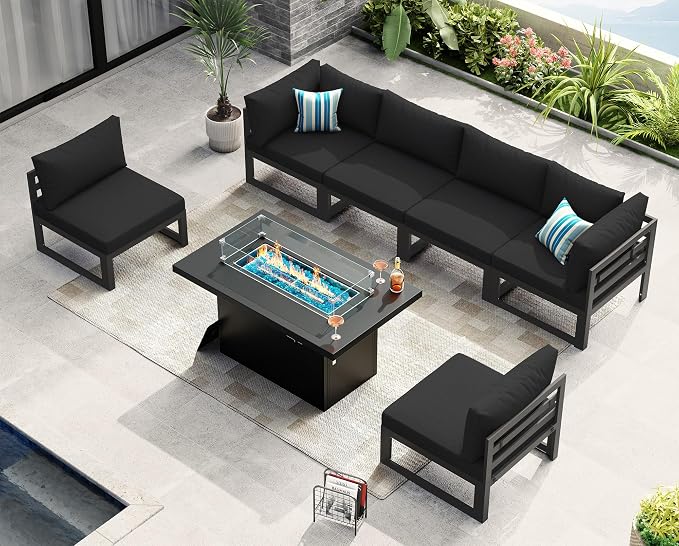 NICESOUL 7 Pcs Aluminum Black Outdoor Sectional with Firepit, All Weather Patio Furniture Set with Deep Seat, Contemporary L-Shaped Modular Large Conversation Set for Garden Poolside, Seats 6, Black