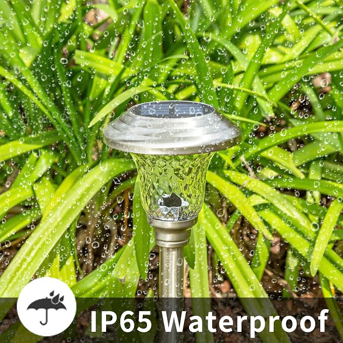 GIGALUMI Metal & Glass Solar Lights Outdoor, 8 Pack LED Garden Lights | Solar Pathway Lights Waterproof, Warm White Landscape Path Lights, Garden Decor for Yard, Patio, Walkway (Stainless Steel)
