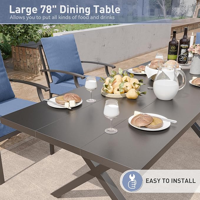 Kurapika 7 Pieces Patio Dining Set Outdoor Furniture with 6 Swivel Chairs, Metal Patio Furniture Set 6 Chairs and Large Table with Umbrella Cutout for Yard Porch Deck, Navy Blue