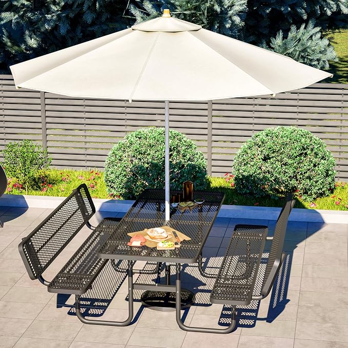 79" Rectangular Metal Picnic Table with Backrest, 1.73" Umbrella Hole, Heavy-Duty Rust Resistant Steel Mesh Table Set, Smooth Rounded Corner Design for Yard, Park, Beach & BBQ, Black