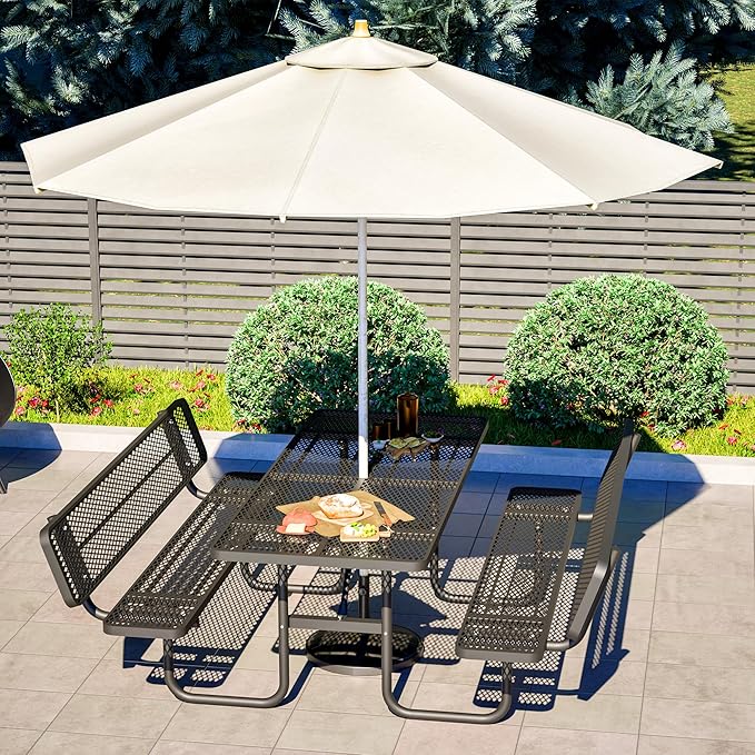72" Heavy-Duty Iron Mesh Picnic Table Set with Backrest Black | 1.73'' Umbrella Hole, Commercial-Grade Outdoor Table for Patio, Garden or Park–Rust-Resistant, Heat-Proof, All-Season Use