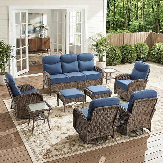 9-Piece Patio Furniture Set with Upgraded 6" Thick Cushion - High Back Outdoor Swivel Rocker Chairs Set of 2 with 3-Seater Sofa,Ottomans,Wicker Outdoor Conversation Set for Deck, Porch, Yard, Poolside