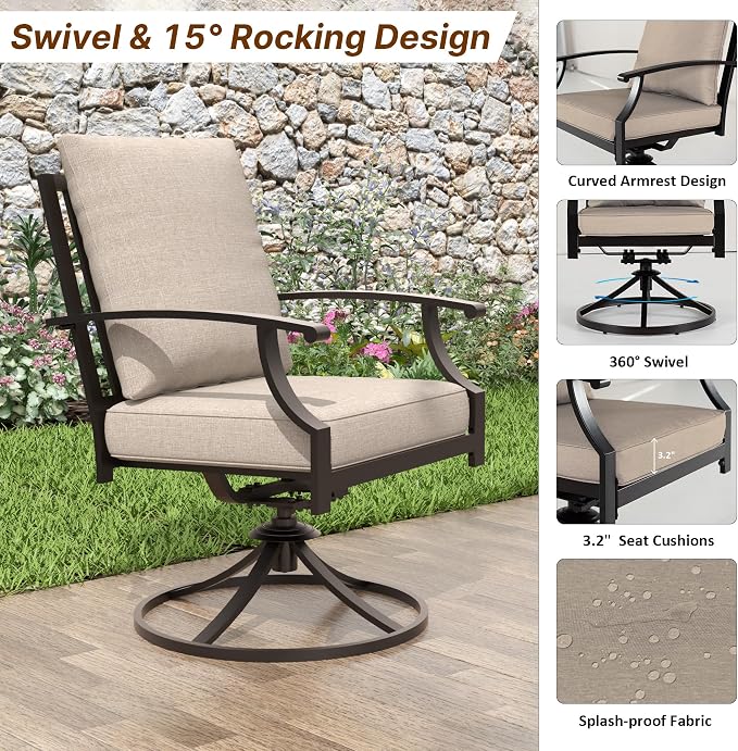 ALAULM 7-Piece Patio Dining Table and Chairs for 6 Outdoor Dining Set with 2 Swivel Chairs Patio Dining Sets with Rectangular Metal Table with Umbrella Hole for Patio, Backyard, Garden-Sand