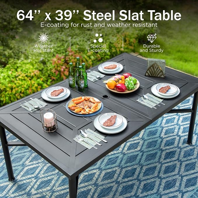 PHI VILLA 7 PCS Patio Dining Set, Aluminum Outdoor Furniture, Patio Table and Chairs for 6, Lightweight Stackable Chairs with Breathable Fabric and Large Square Metal Table for Garden Yard Deck, Blue