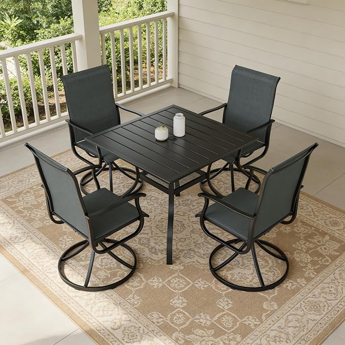 SUNCROWN 5-Piece Outdoor Patio Dining Set, All Weather Square Metal Table & 4 Dark Gray Swivel Textilene Mesh Chairs, Weather Resistant Patio Furniture for Deck Lawn Garden Backyard Poolside