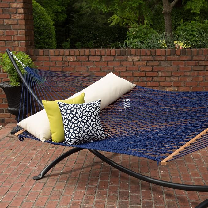 Hatteras Hammocks Large Navy DuraCord Rope Hammock – 13 ft. x 55 in., 2-Person, 450 lb Capacity, Cumaru Spreader Bar, Zinc-Plated Hardware – Handcrafted in The USA