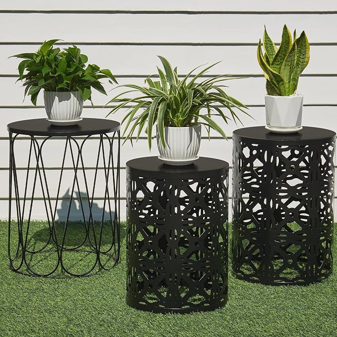 Y&M Set of 3 Metal Round Patio Side Tables, Multifunctional Coffee Table End Table for Indoor & Outdoor Garden Stool Modern Design -Black