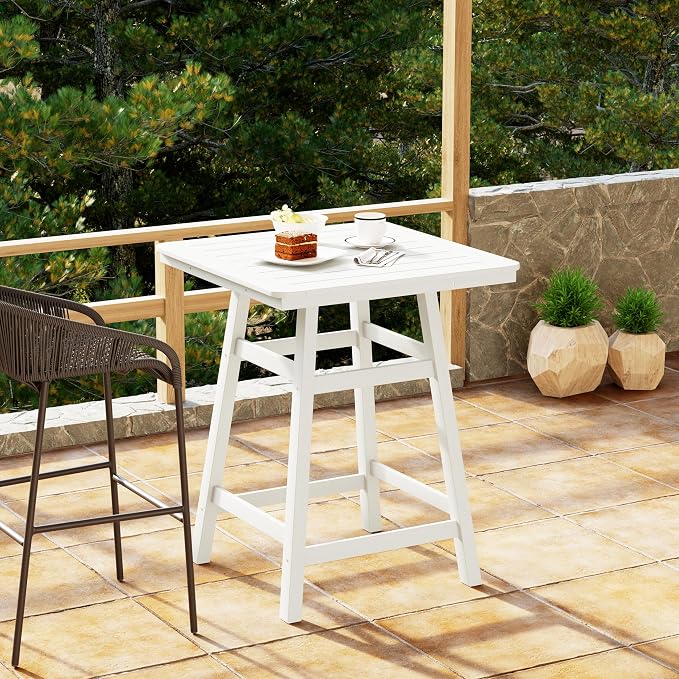 Costaelm Outdoor Bar Table, 37" Counter Height Square Patio Cocktail Bar Table with Umbrella Hole, Patio Bistro Dining Pub Table for Front Porch Deck Backyard Garden, White