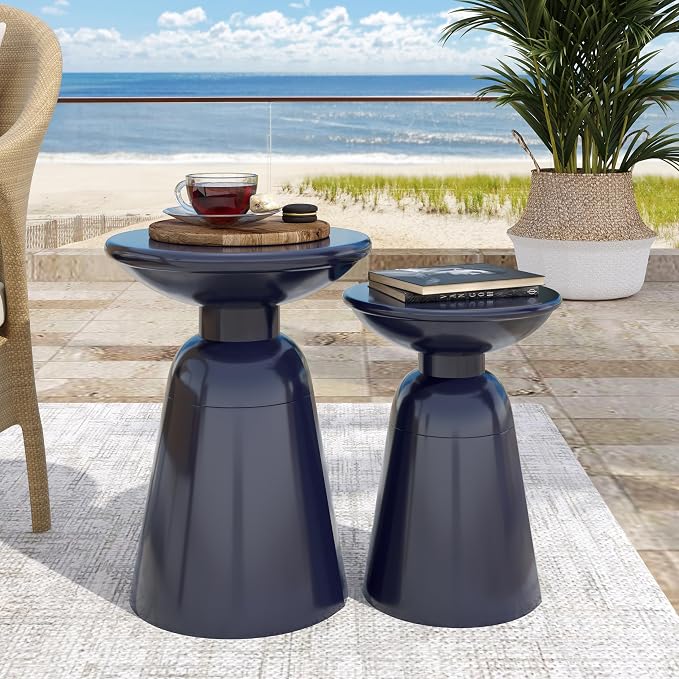 Merax Outdoor Iron Side Tables Set of 2 (15"x21", 12"x17") Modern Art Flared Design Weather Resistant End Table for Indoor Outdoor Patio Backyard Pool (Navy Blue)