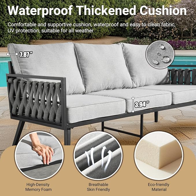 Weaxty Modern Patio Furniture Set 6 Piece, Rope Outdoor Patio Conversation Sets Sectional Sofa Swivel Chairs Table Ottoman, All Weather Metal Balcony Furniture for Backyard Garden, Grey