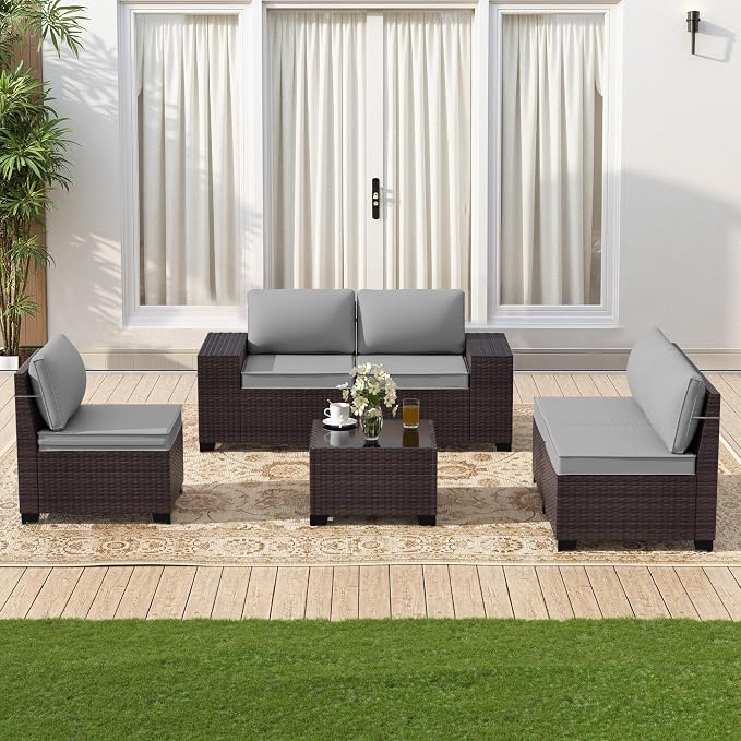 Gotland 6 Pieces Patio Furniture Set with 1 Coffee Table, 5 Seater Rattan Outdoor Sectional with Wide Armrests 29.5'' High Backrest Thick Waterproof Cushions, Conversation Sets for Deck Garden Gray