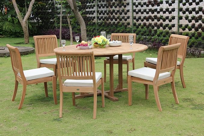 6 Seater Grade-A Teak Wood 7 Pc Dining Set 60" Round Dining Table & 6 Arbor Stacking Armless Chairs #TSDSAB56