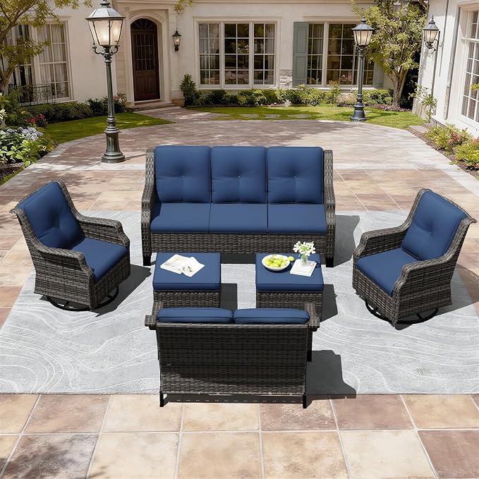 Outdoor Patio Furniture Set, 6 Piece Wicker Patio Furniture with Thick Cushions, Curved Armrest, Deep Seating, Outdoor Swivel Rocker Chairs for Porch, Deck, Balcony