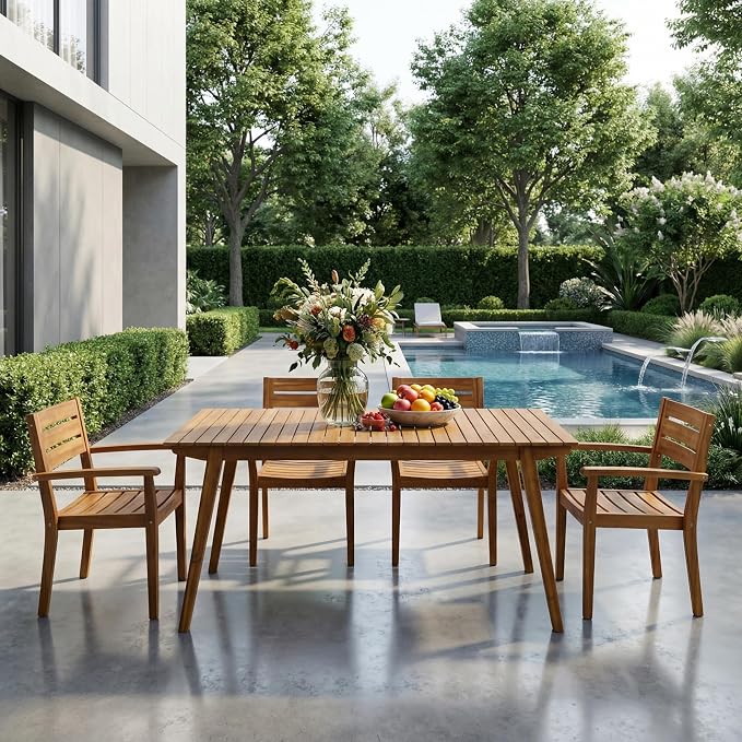Merax Outdoor Dining Table 68.5" Rectangle Acacia Wood Patio Table with Slat Panels Tabletop, Weather Resistant, Teak Finish
