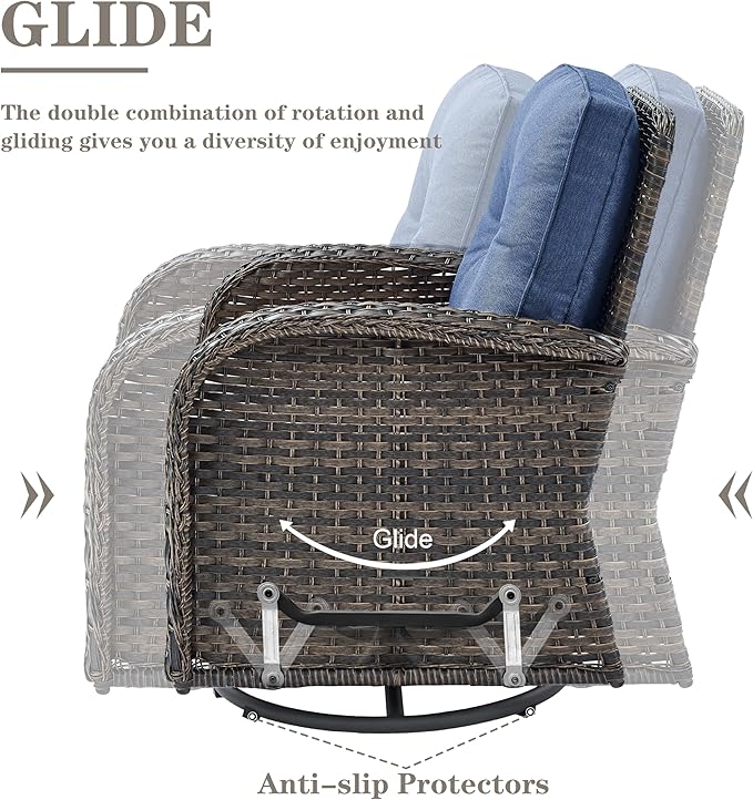 Belord Small Conversation Sets Patio Funiture - 5 Piece Outdoor Swivel Rocker Wicker Furniture Sets with Ottomans Side Table Perfect for Patio Deck Backyard, Brown Wicker Blue Cushion