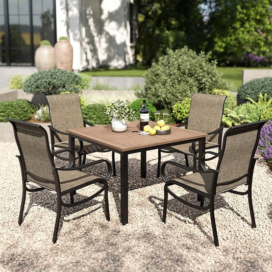 PHI VILLA 5 Piece Patio Dining Set, 42'' Wooden Texture Metal Table with Umbrella Holes and 4 High Back Fixed Chairs All Weather Outdoor Table and Chairs Set for Deck Garden Yard