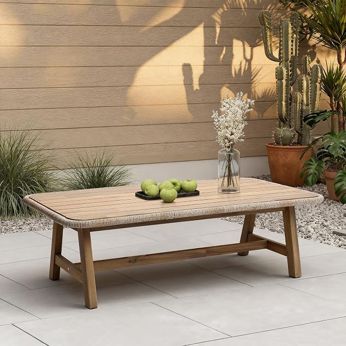 LuxenHome 47" Outdoor Coffee Table for Patio, Acacia Wood Patio Table with Woven Trim, Rectangular Outdoor Table for Patio, Balcony, and Porch
