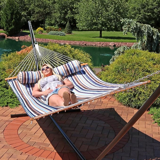 Sunnydaze Quilted Double Hammock for Outside with Spreader Bars and Pillow - 450 lb Capacity, 74x55 Inch Bed, UV Resistant, Quick Dry - Chains Included, Stand Sold Separately - Ocean Isle