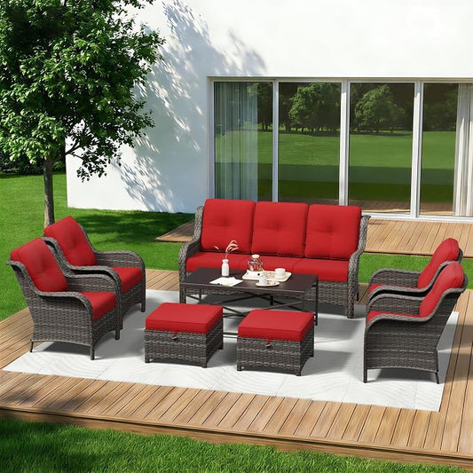 8 Piece Outdoor Wicker Patio Furniture Set, Patio Chairs Set with Thickened Olefin Cushions, High Back and Deep Seating, Hand-Woven PE Rattan, Ottoman for Porch, Deck