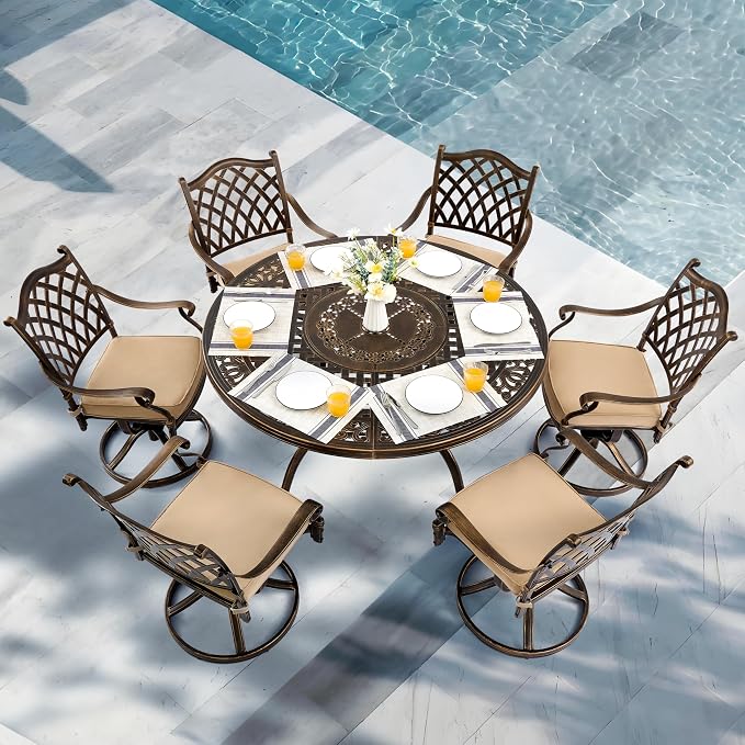 7-Piece Cast Aluminum Outdoor Table and Chairs, Classic Vintage Patio Dining Set for 6 Include 54.5" Round Dining Table and 6 Swivel Chairs with Removable Cushion and Umbrella Hole