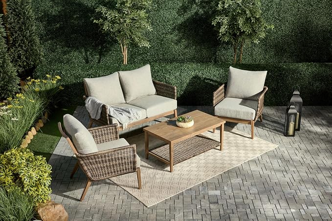 4-Piece Wicker Steel Outdoor Conversation Set, Patio Furniture Set with Coffee Table and Removable Grey Cushions, Modern Sectional Sofa for Backyard, Garden & Lawn