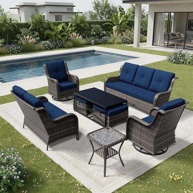 Joyside 8 Piece Wicker Patio Furniture Set, Outdoor Swivel Rocker Patio Chairs with High Back, Deep Seating, Wide Armrest, Thickened Cushions, Outdoor Furniture for Deck, Porch Use
