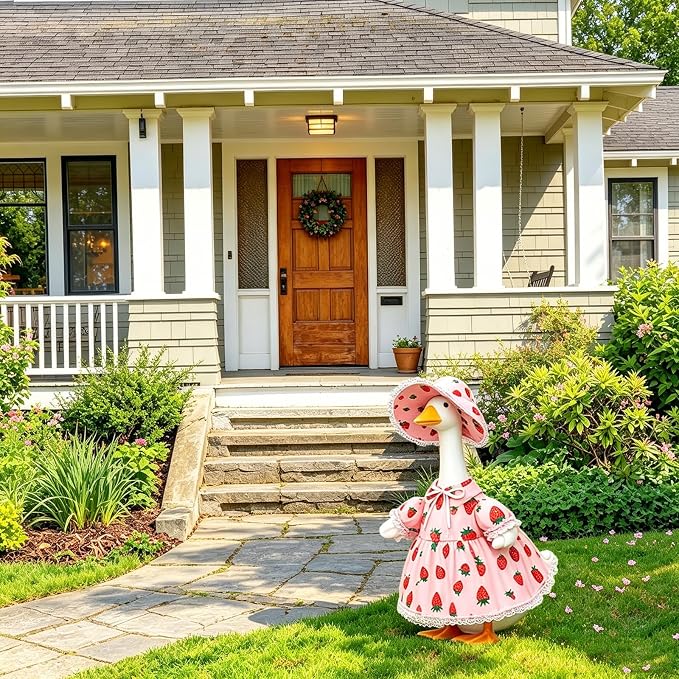 Summer Porch Goose Outfit for 23'' Cement Statue Goose, Strawberry Porch Goose Clothes Skirt Costume for Summer Outdoor Yard Lawn Patio Decor
