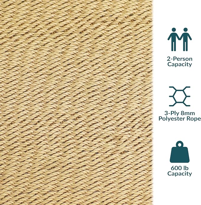 Sunnydaze Soft-Spun Polyester Rope Double Hammock for Outside - 600-Pound Weight Capacity Extra Large Hammock - Tan
