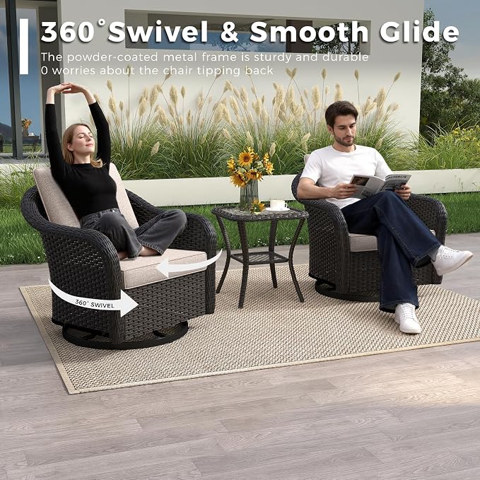 Outdoor Swivel Chairs with Side Table, Patio Wicker Chairs, Outside Conversation Furniture Set with Washable Cushions for Sunroom, Gazebo, Poolside (Beige)