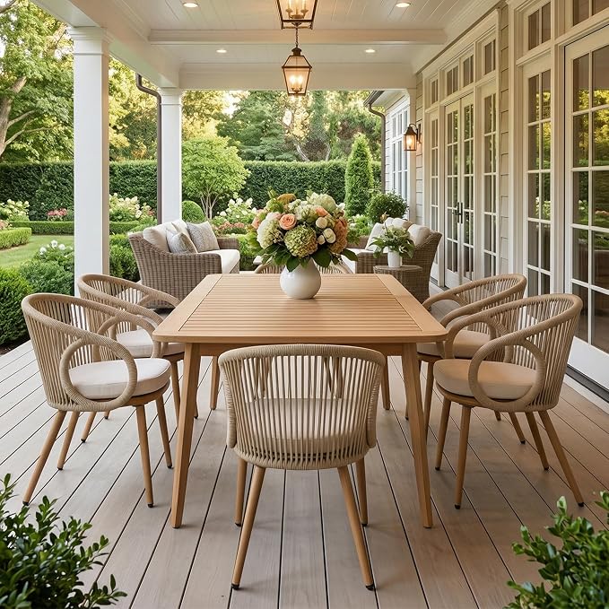 Extendable Outdoor Dining Table, Weather-Resistant Wood Patio Dining Table for 6-8 Person, 67.5"-89.5" Expandable Table with Self-Storing Leaf for Host/Backyard/Porch/Dining Room, Natural