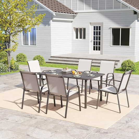 Outdoor Dining Set for 6, Patio Dining Set with Textilene Dining Chairs， Metal Dining Table with Umbrella Hole, Stackable Outdoor Chairs for Garden, Patio, Poolside and Backyard, Grey
