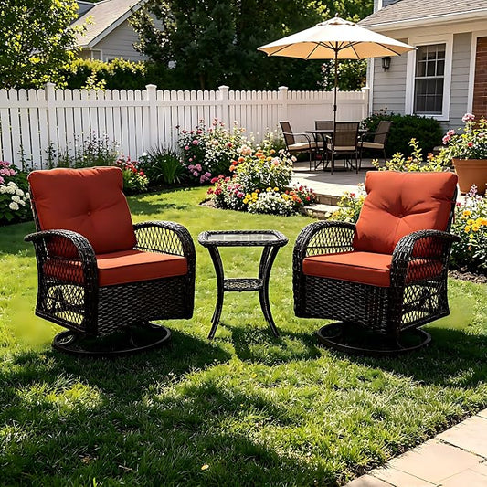 Outdoor Swivel Rocker Patio Chairs with Cushions，Outdoor Swivel Rocking Chairs Set of 2 with Rattan Side Table，360 Degree Swivel Seat Patio Furniture Set for Outside Porch Deck，3 Pieces
