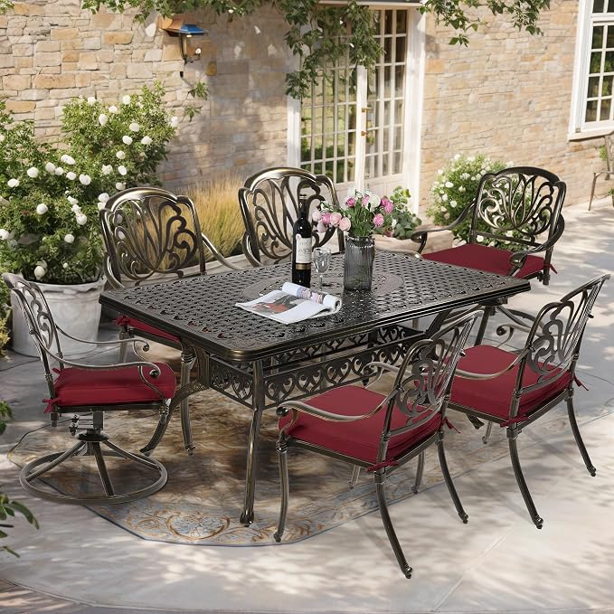 7-Piece Outdoor Patio Dining Set, 60” Rectangular Cast Aluminum Dining Table with Umbrella Hole and 4 Stationary, 2 Swivel Rocker Chairs, 6 Cushioned, Backyard, Patio, Garden, Red