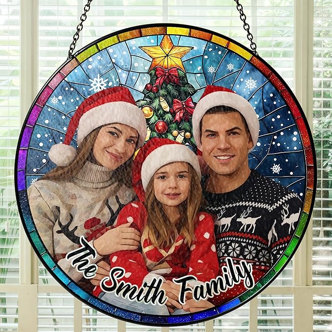 Personalized Stained Glass Christmas Suncatcher – Custom Family Photo Window Decor – First from Mom and Dad – Holiday Tree Ornament Keepsake